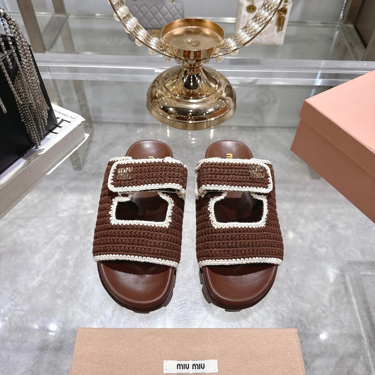 M1um1u Crochet Knit Slides Brown 5Xx641 2Cq2 F0Cms F 010