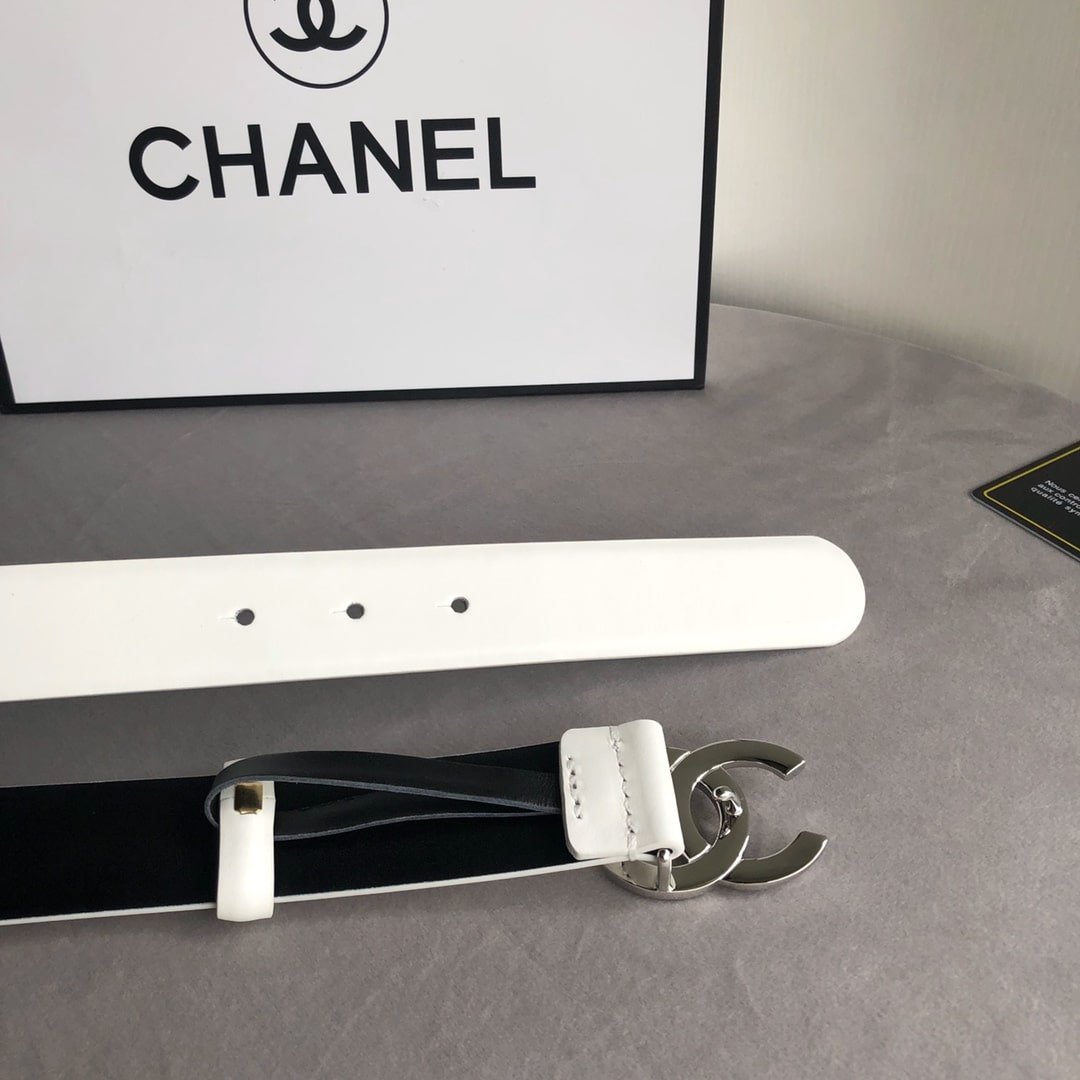 Ch**el Leather Belt With Cc Pearl And Silver Tone Metal White 3Cm