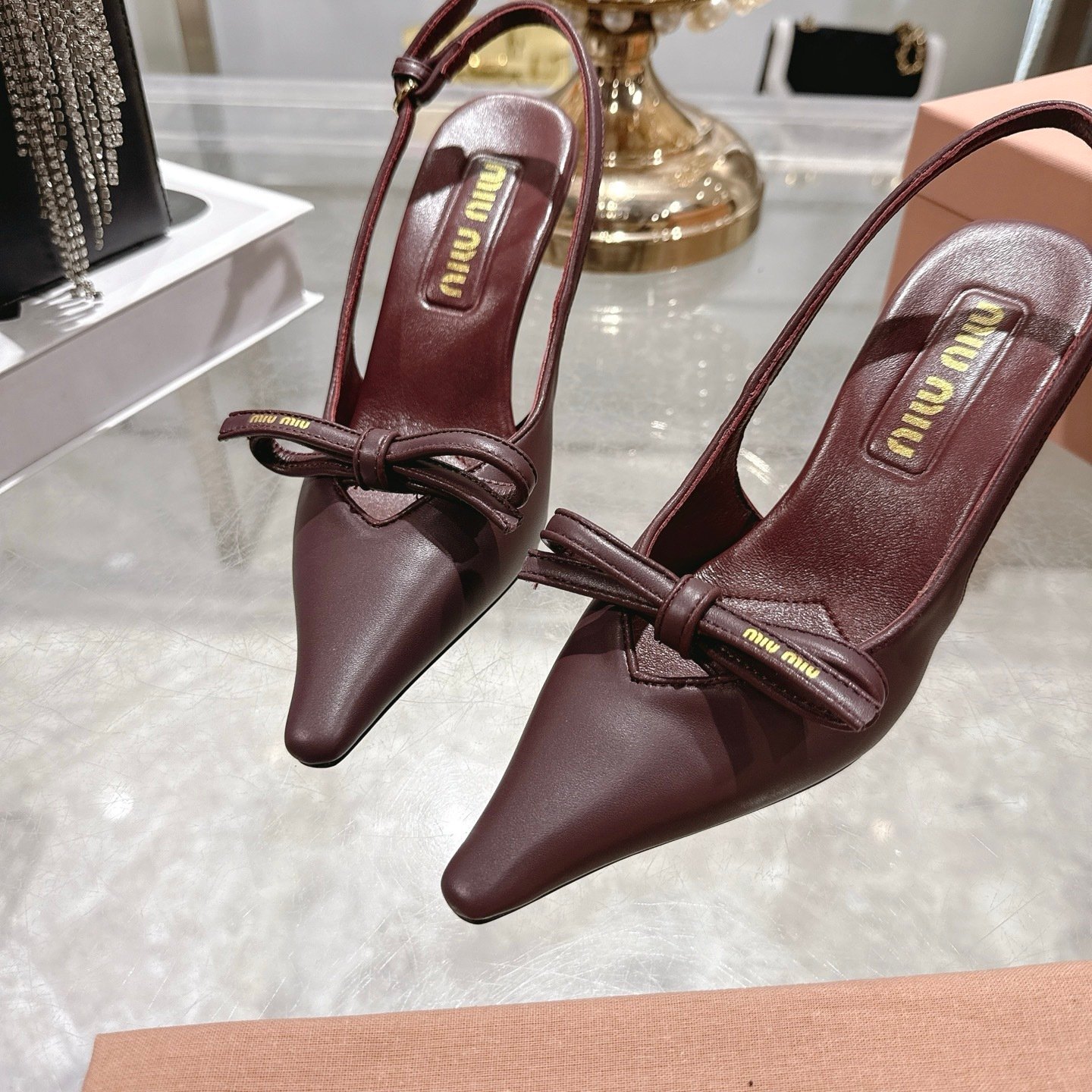 Miu Miu Leather Slingback Pumps With Bow Red