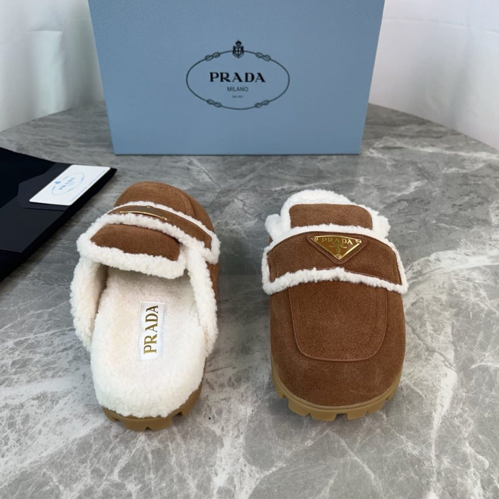 Pra*a Suede And Shearling Slippers Cinnamon 1S711M X0O F0401 F Zg20
