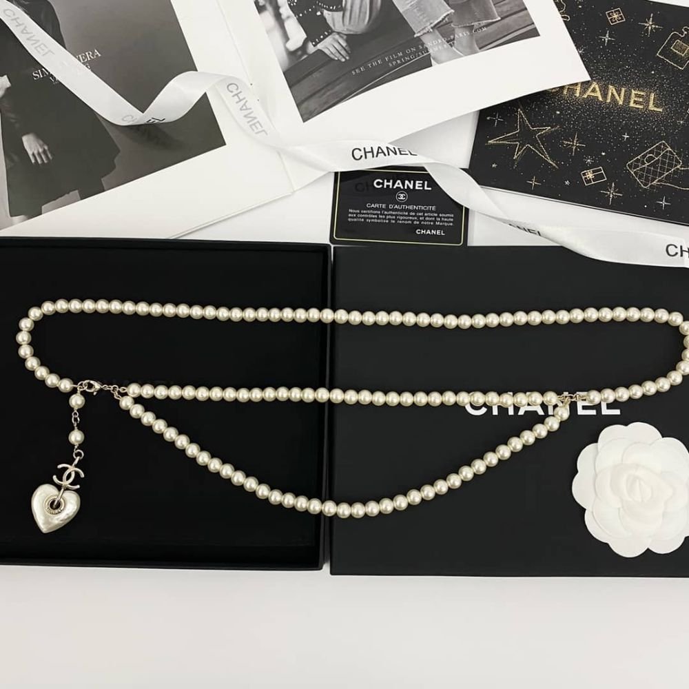Ch**el Double Strand Pearl Necklace with Heart Shaped Charm