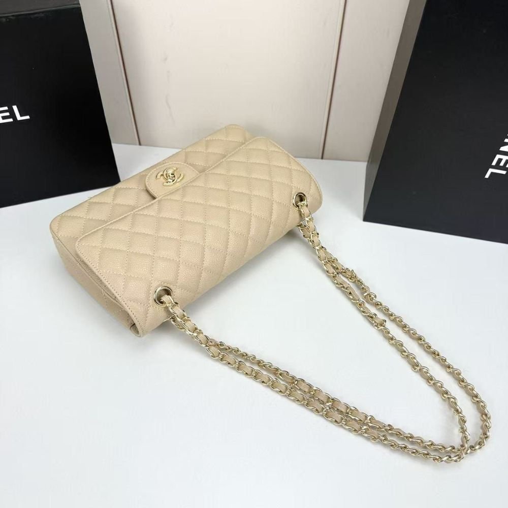Ch**el Medium Classic Double Flap Bag Beige 25Cm A01113 Y04059 NZG77
