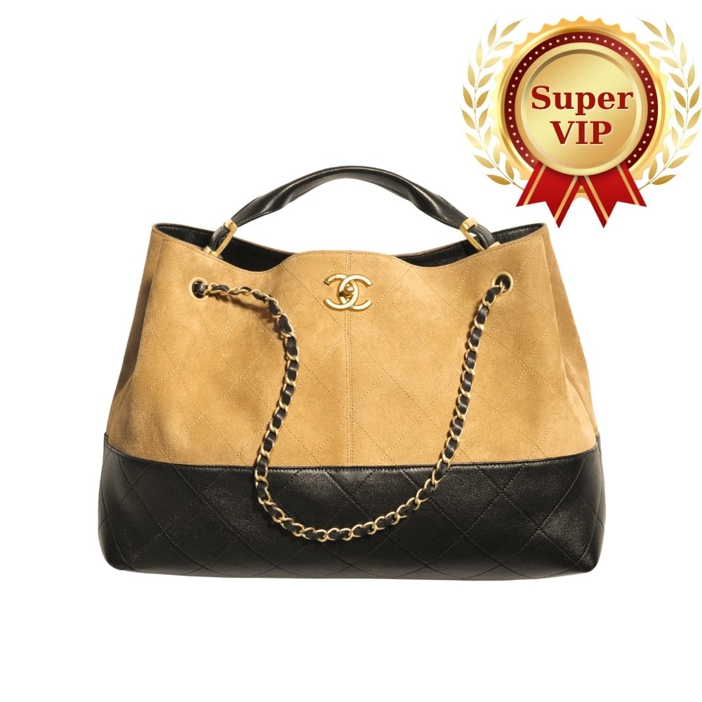 [S*per Vip 1:1] Ch**el Shopping Bag Gold Tone Metal Beige And Black 36Cm AS5657 B20827 U1536