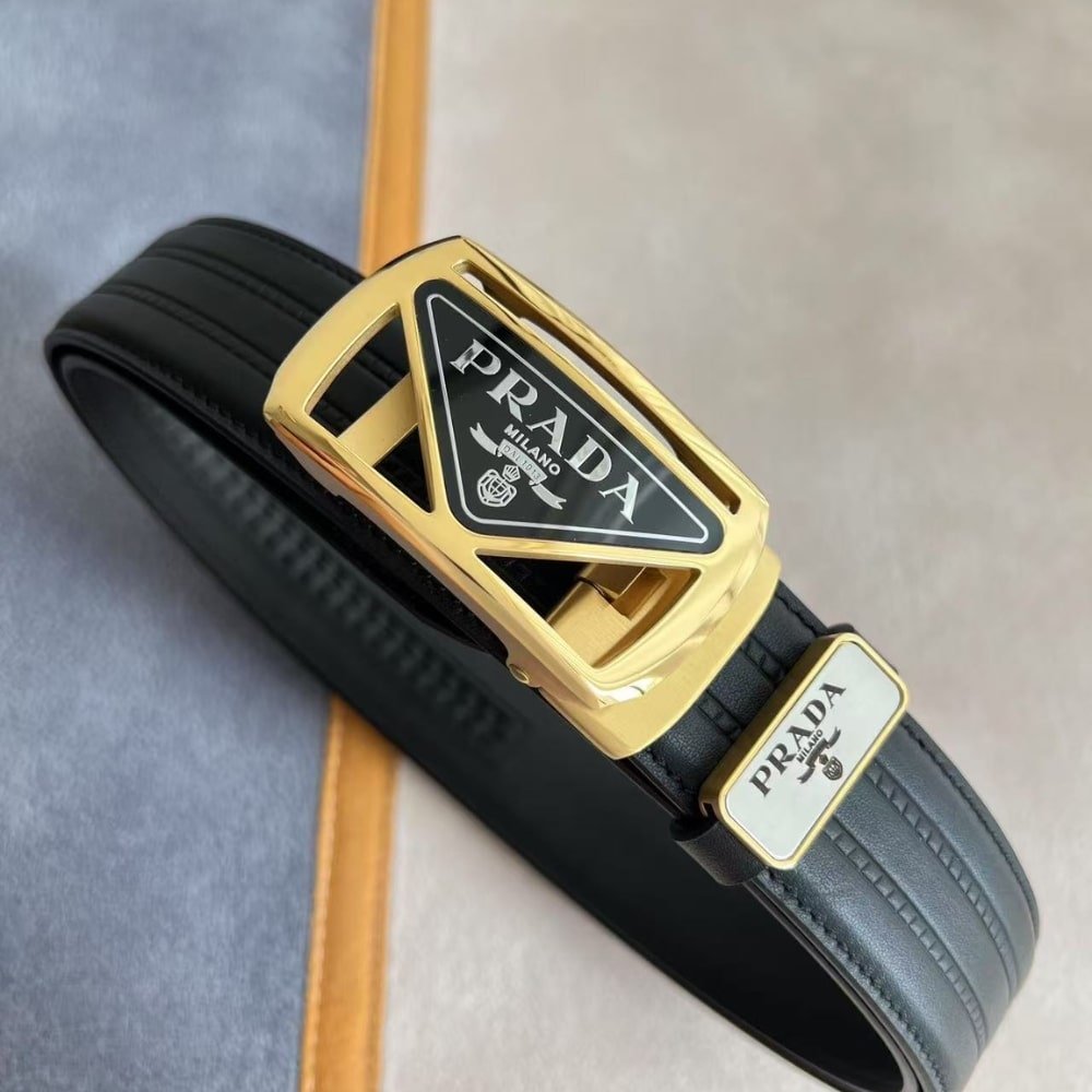 Pra*a Saffiano Leather Belt Gold Hardware In Black