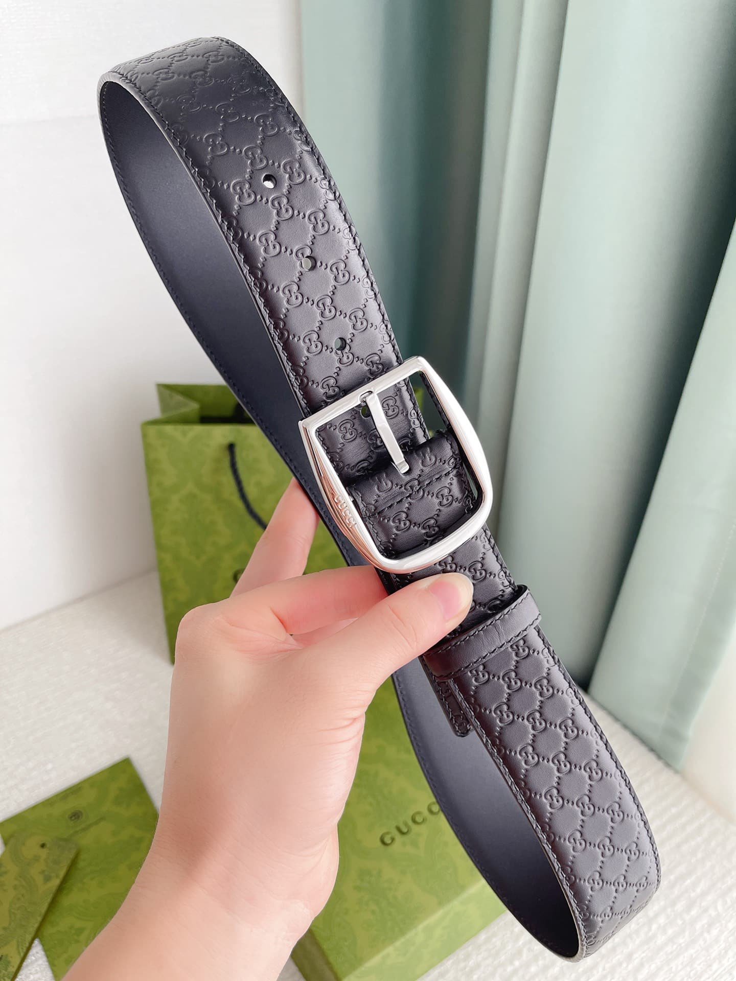 Gvc*1 Calfskin Monogram Black Belt Silver Metal 4Cm
