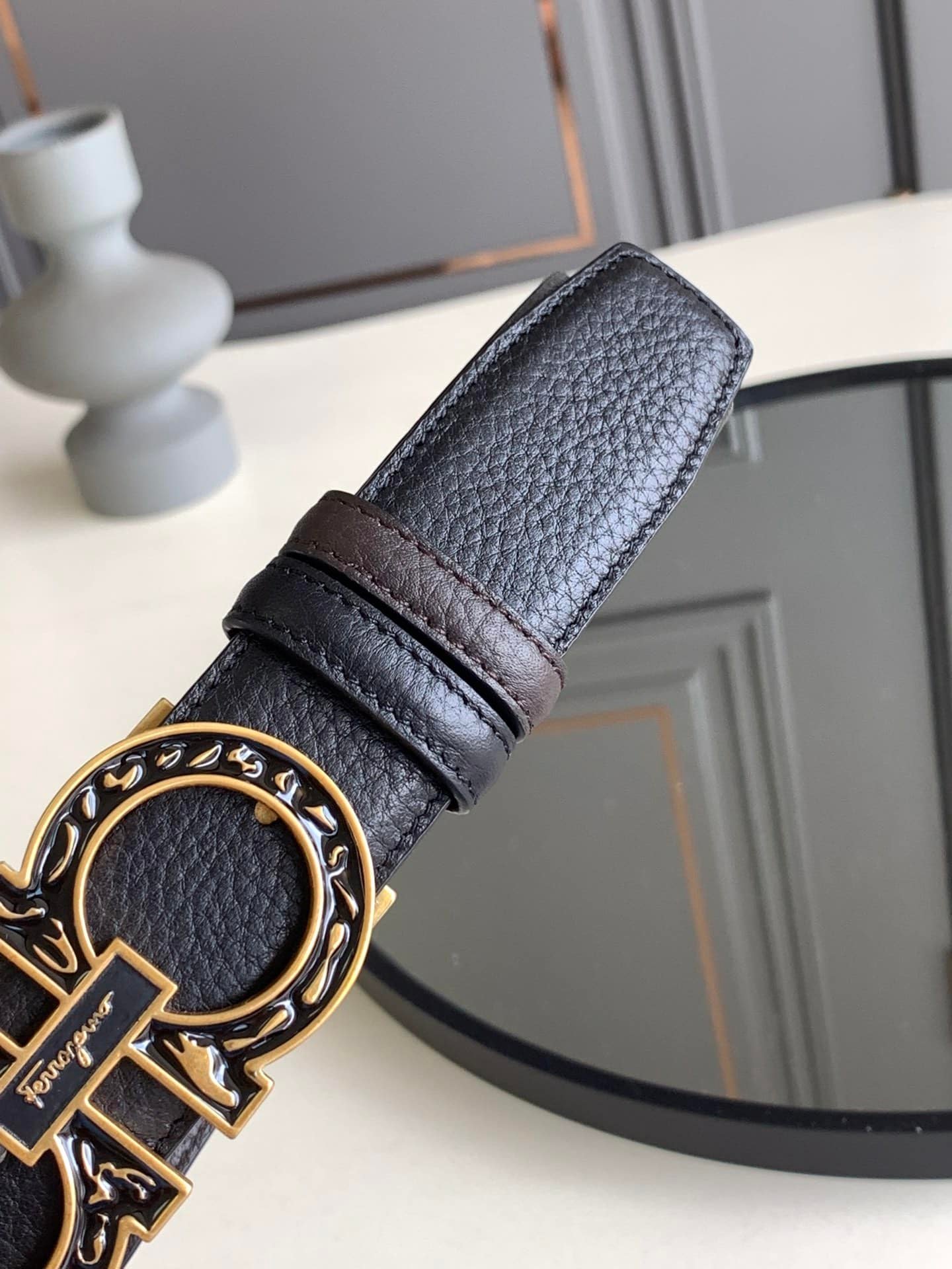 Salvatore Ferragamo Reversible And Gancini Gold Pattern Belt 3.5Cm