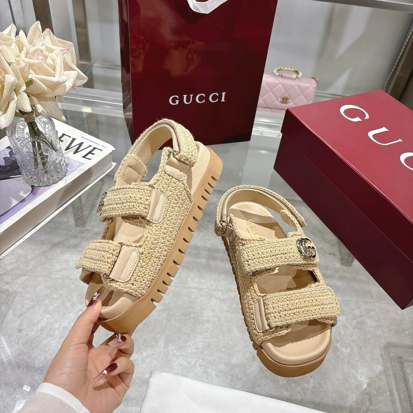 Gvc*1 Women Sandal With Double G Beige Crochet ‎835086 Faeq2 9552