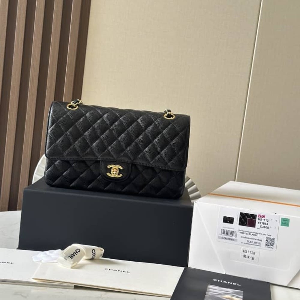 [S*per Vip 1:1] Ch**el Medium Classic Handbag Grained And Gold Tone Metal Black 25Cm A01113 Y01864 C3906