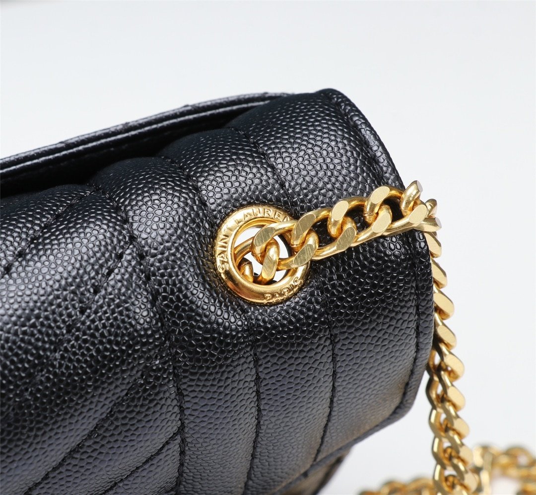 Sa1nt Lau*nt Envelope Small In Quilted Grain De Poudre Embossed Leather Gold Black 21Cm 600195Bow911000
