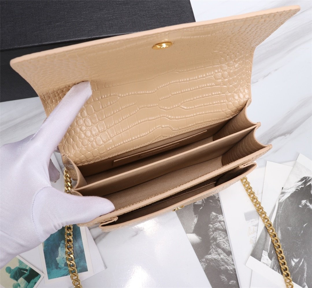 Sa1nt Lau*nt Sunset Medium Chain Bag In Crocodile Embossed Shiny Apricot 22Cm 442906Dnd0N9207