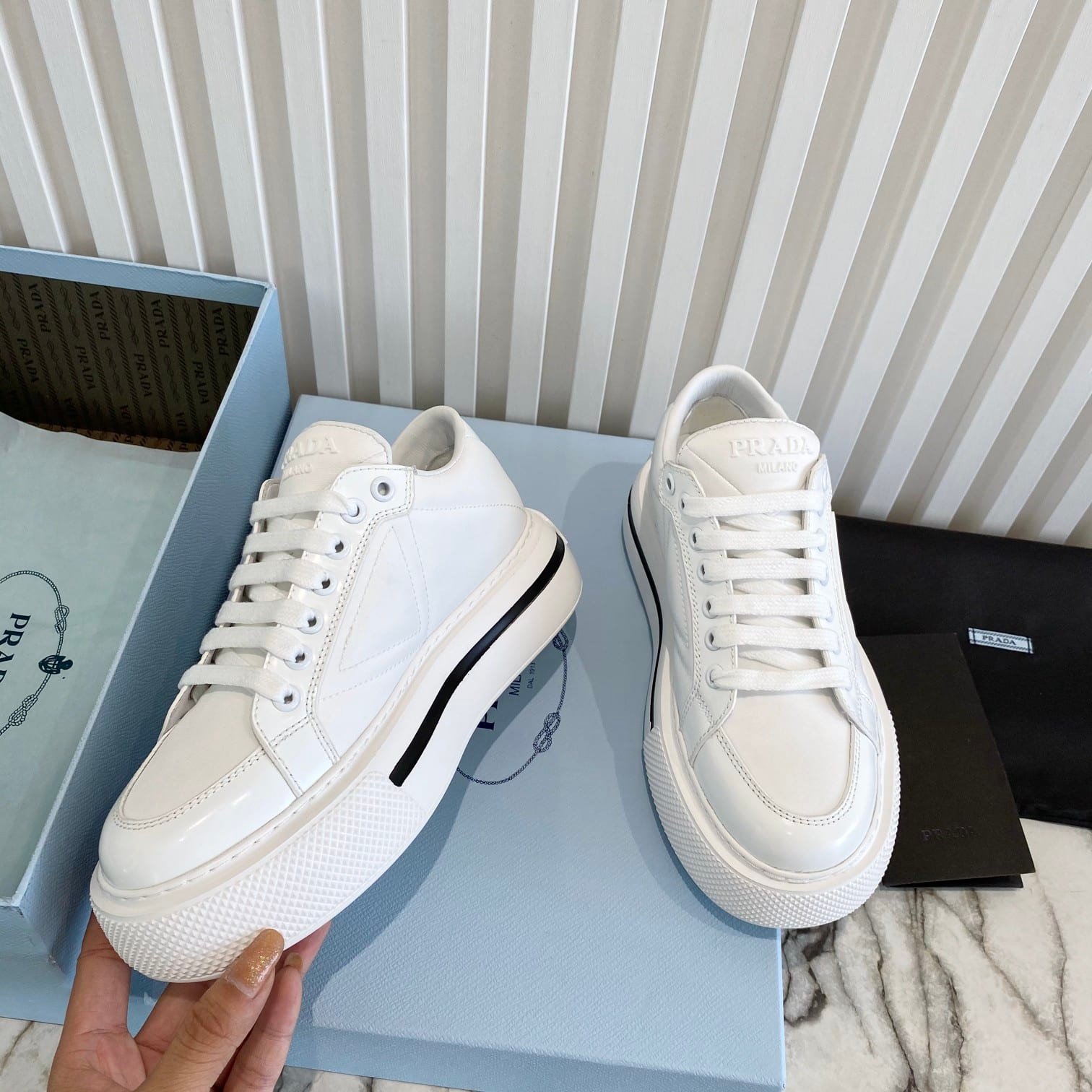 Pra*a Macro Re-Nylon And Brushed Leather Sneakers White 2Eg3763Lf5F0009