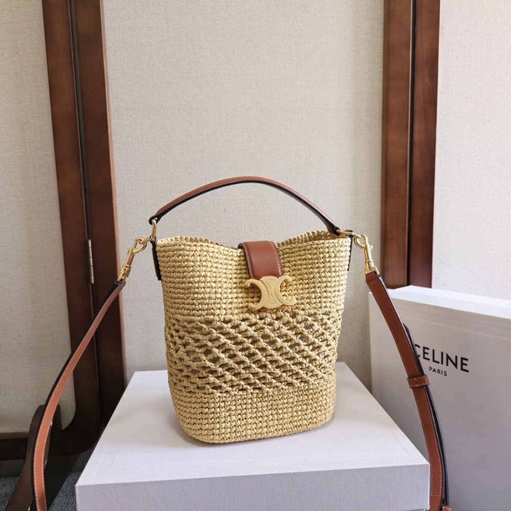 [S*per Vip 1:1] Ce1i*e Small L0vise Bucket In Raffia Natural And Tan 19Cm 119742Gns 02Nt