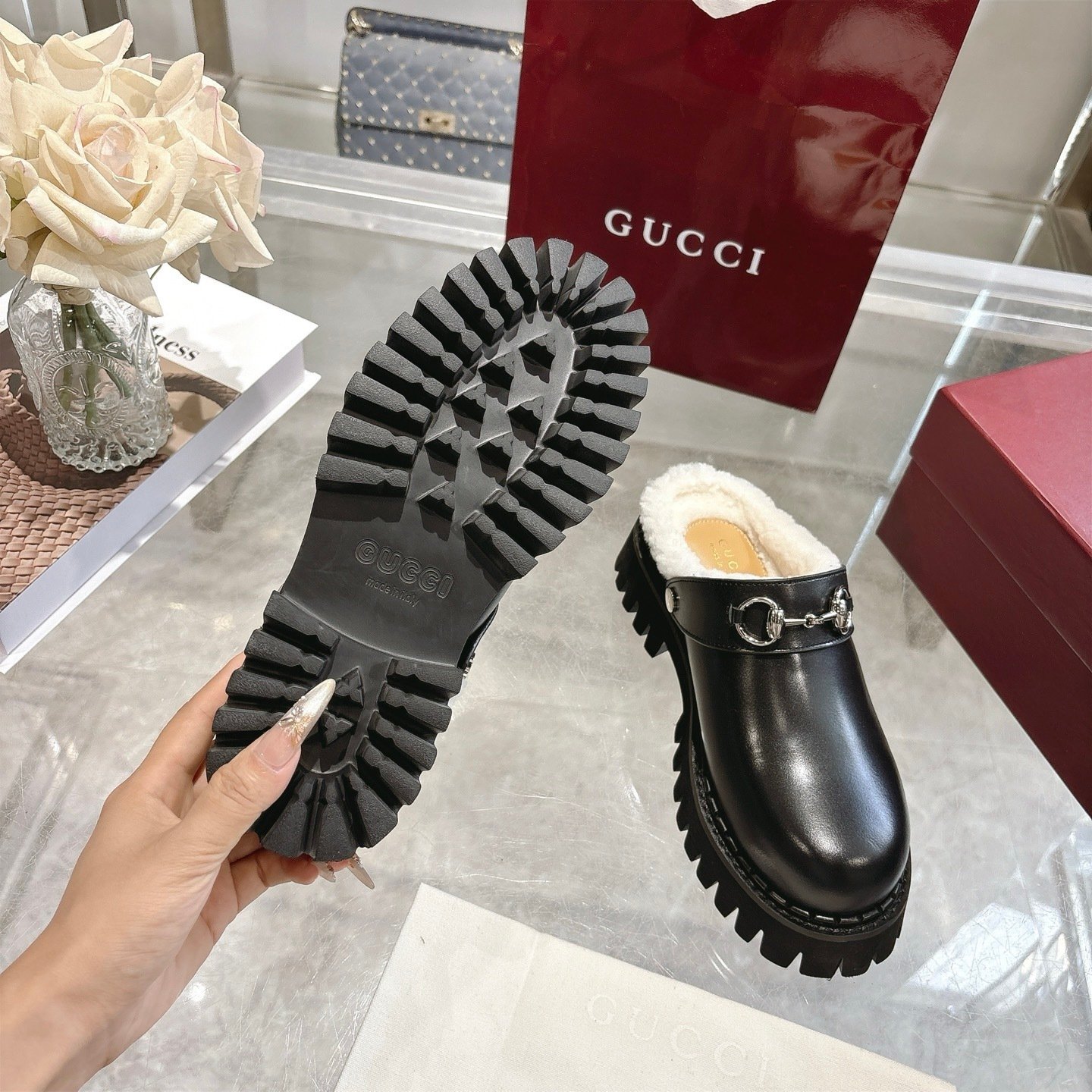 Gvc*1 Horsebit Shearling Mules In Black Leather
