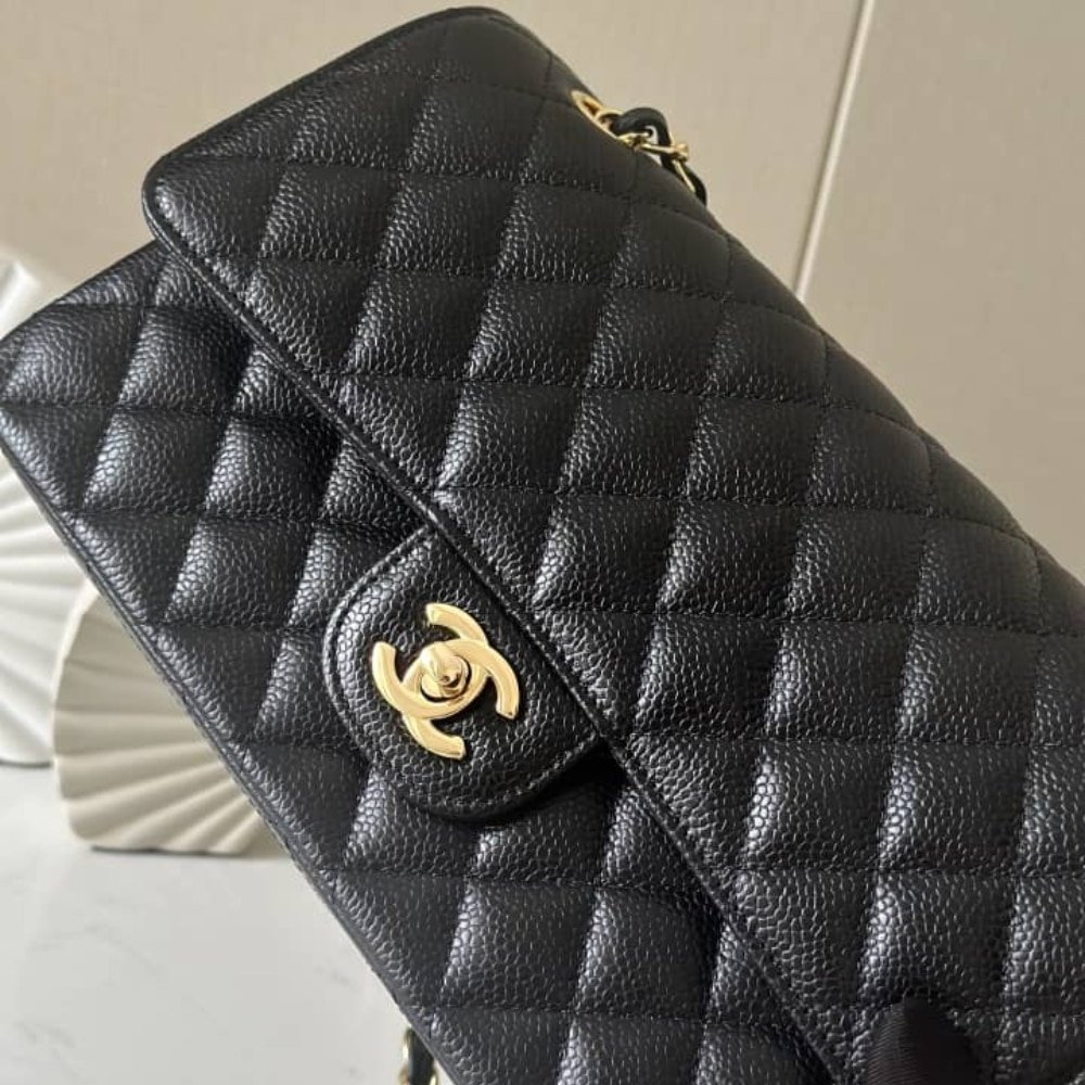 [S*per Vip 1:1] Ch**el Medium Classic Handbag Grained And Gold Tone Metal Black 25Cm A01113 Y01864 C3906