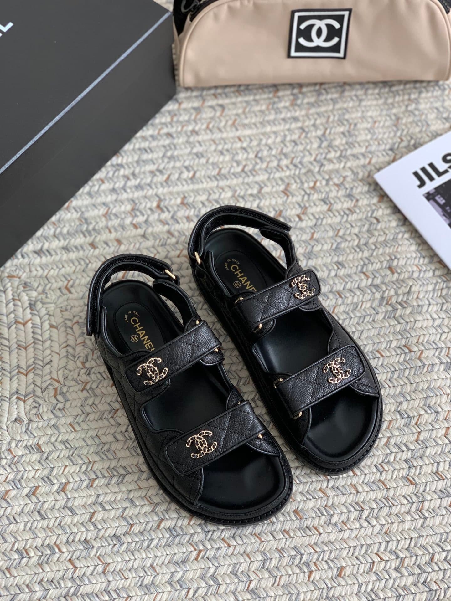 Ch**el Cc Button Velcro Black Sandals Grained Calfskin Leather
