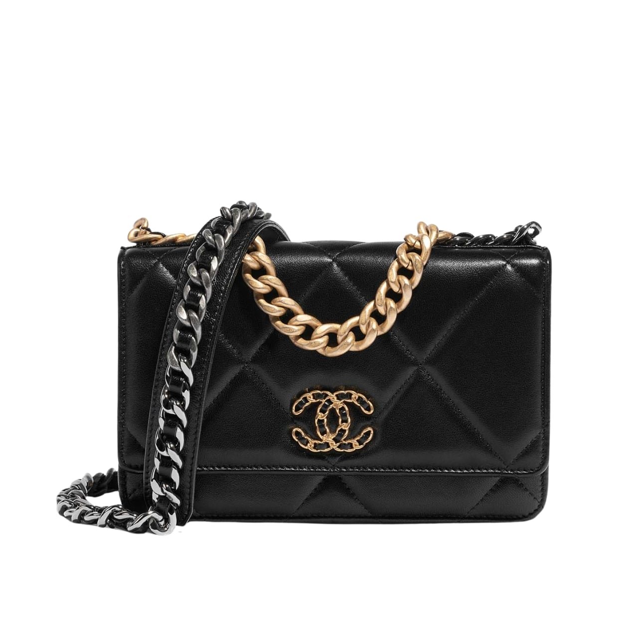 Ch**el 19 Wallet On Chain Bag Shiny Gold And Silver Tone Black 19Cm Ap3267 B04852 94305