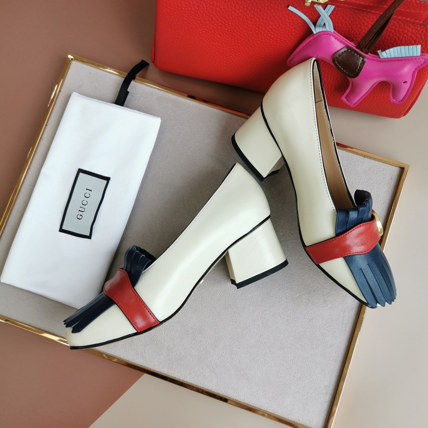 Gvc*1 Marmont Fringed Loafer Mid Heel White Blue Leather 408208 C9Dn0 9574