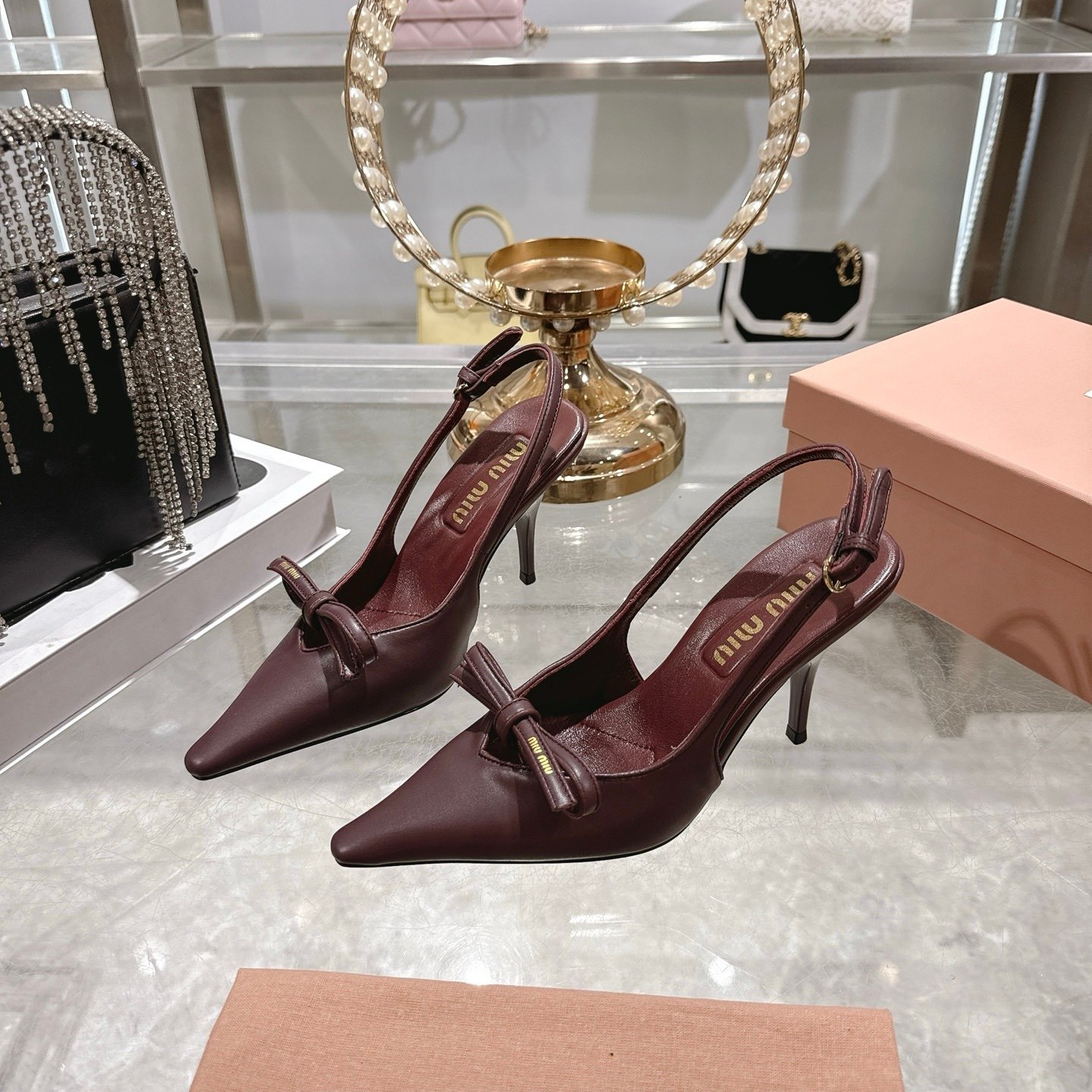 Miu Miu Leather Slingback Pumps With Bow Red
