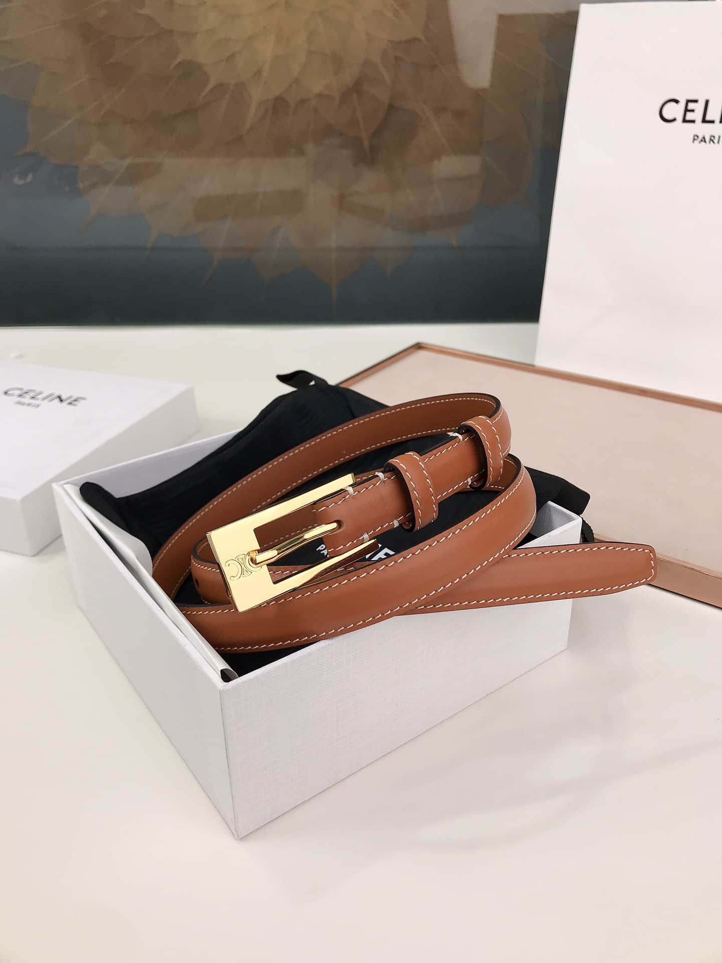 Ce1i*e Leather Belt Brown 1.8Cm