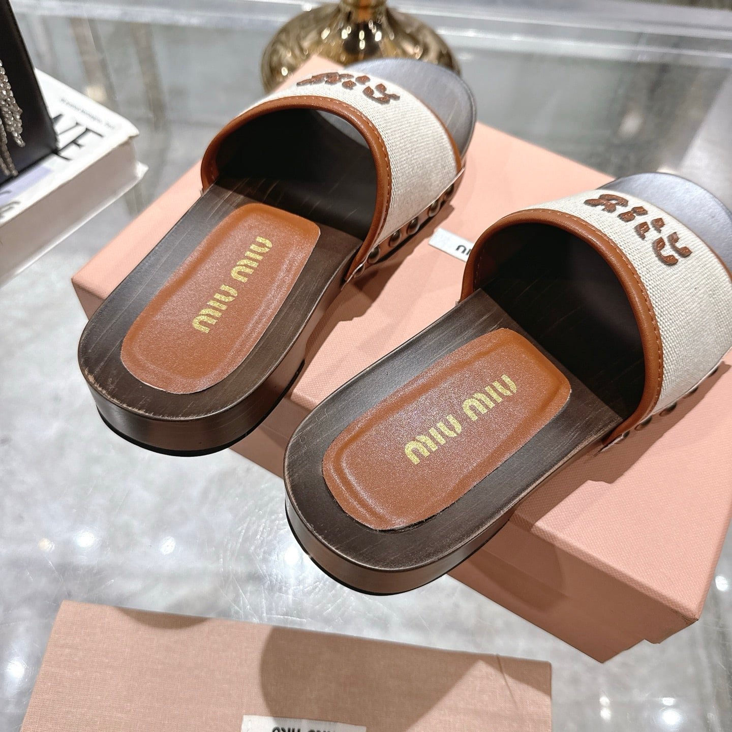 Miu Miu Canvas And Leather Clogs Beige 5Z445E Q1D F062F F 030