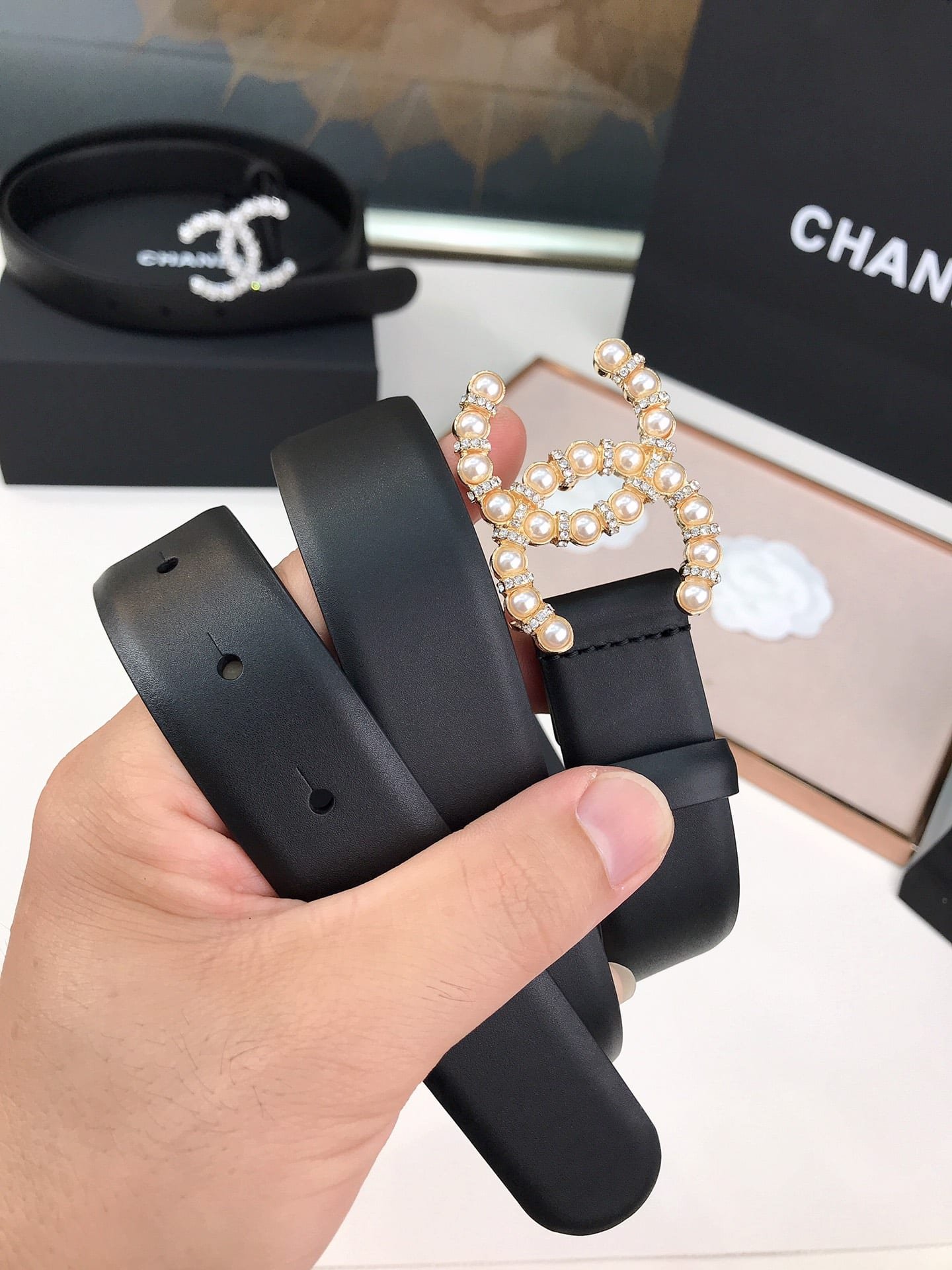 Ch**el Cc Gold Plated Belt Leather With Pearls 28Mm