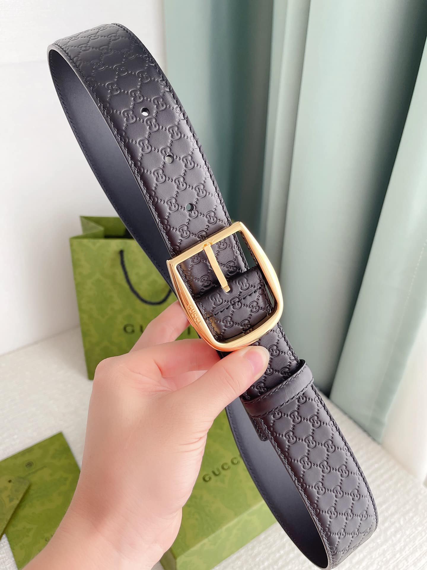 Gvc*1 Calfskin Monogram Black Belt Gold Metal 4Cm