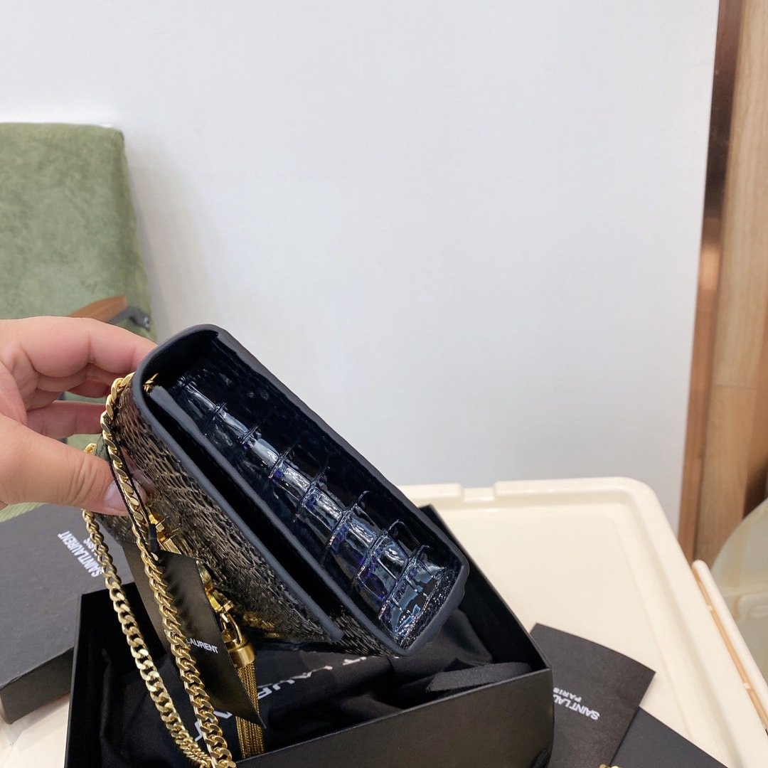 Sa1nt Lau*nt Kate Medium With Tassel In Shiny Crocodile Embossed Leather Black 22Cm 354119Aaay14083
