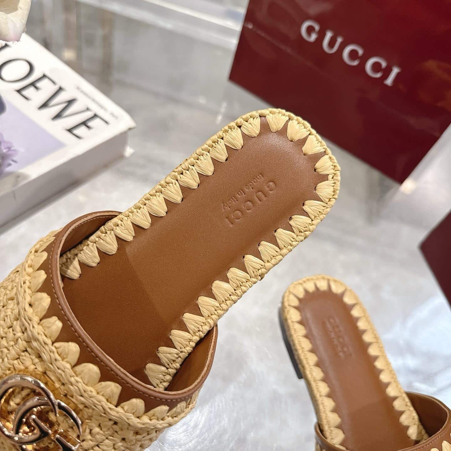 Gvc*1 Women Slide Sandal With Double G Raffia Crochet 835084 Faeq3 9642