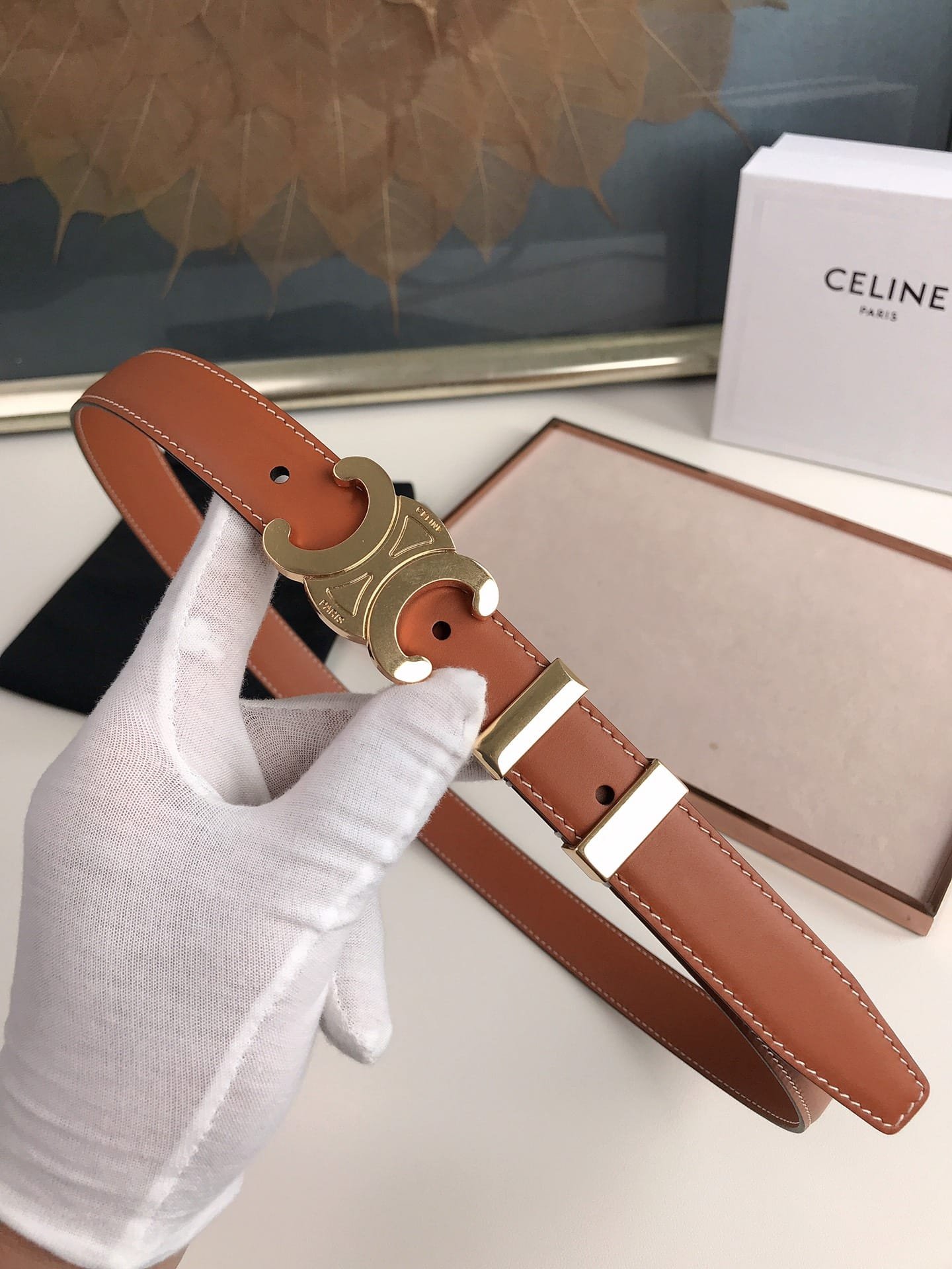 Ce1i*e Small Triomphe Brown Belt In Natutal Calfskin Gold Metal