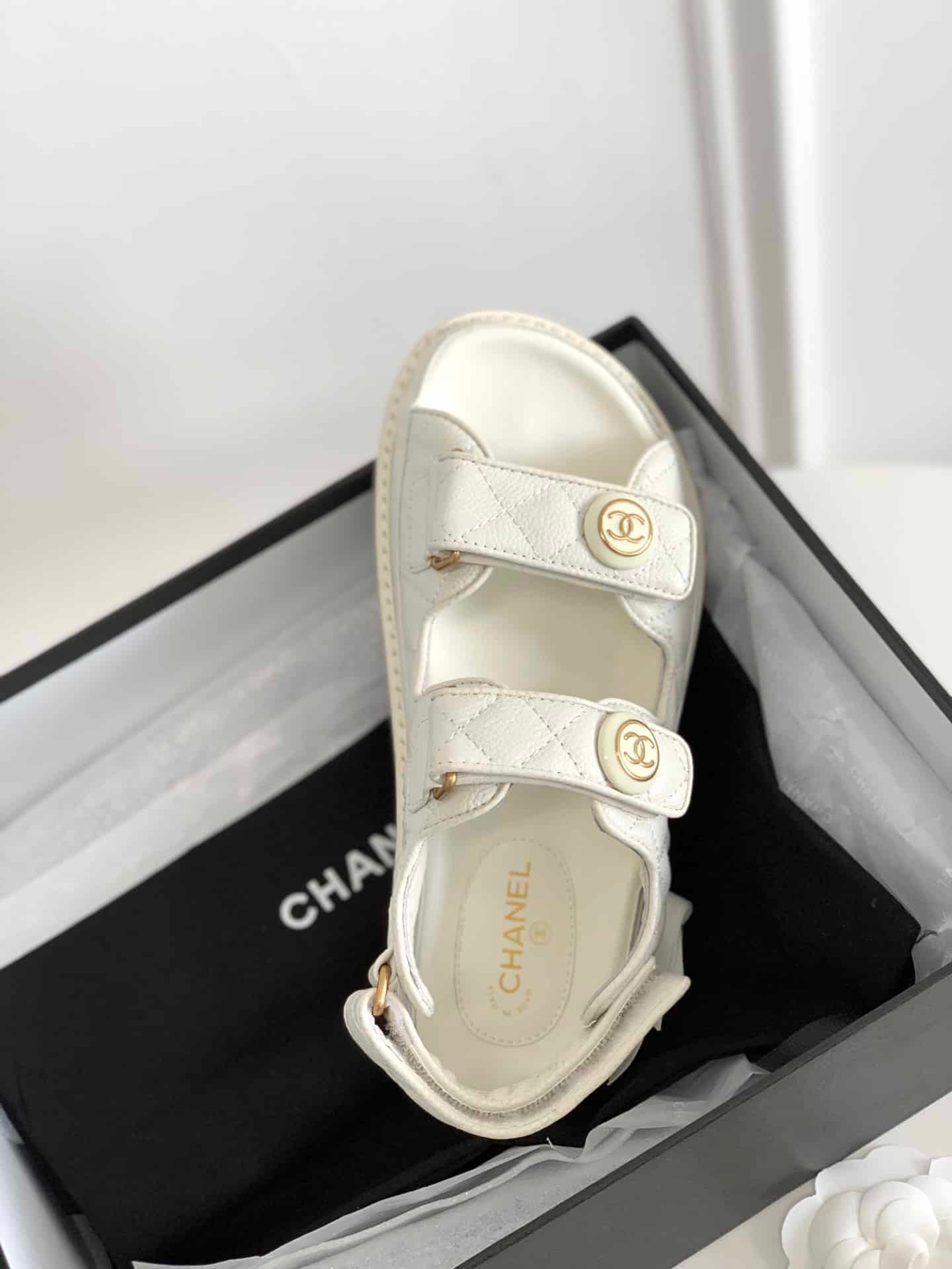 Ch**el Cc Button Velcro White Sandals Grained Calfskin Leather