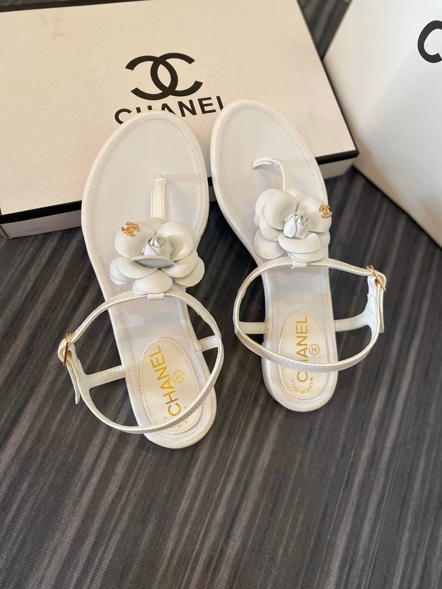 Ch**el Jelly Rubber Camellia Sandals White