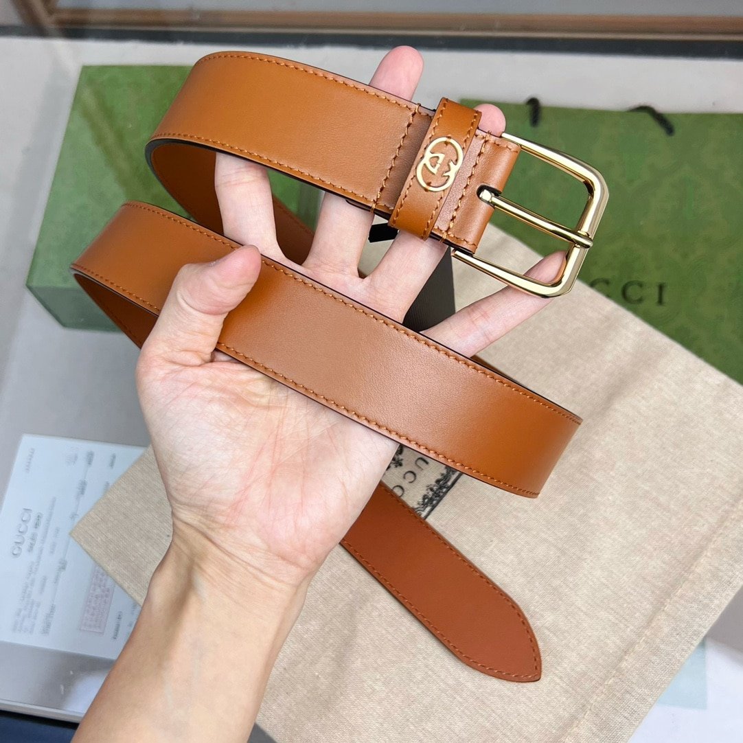 Gvc*1 Belt With Square Buckle And Interlocking G Gold Metal Brown 35Mm 673921 Ap00G 2535