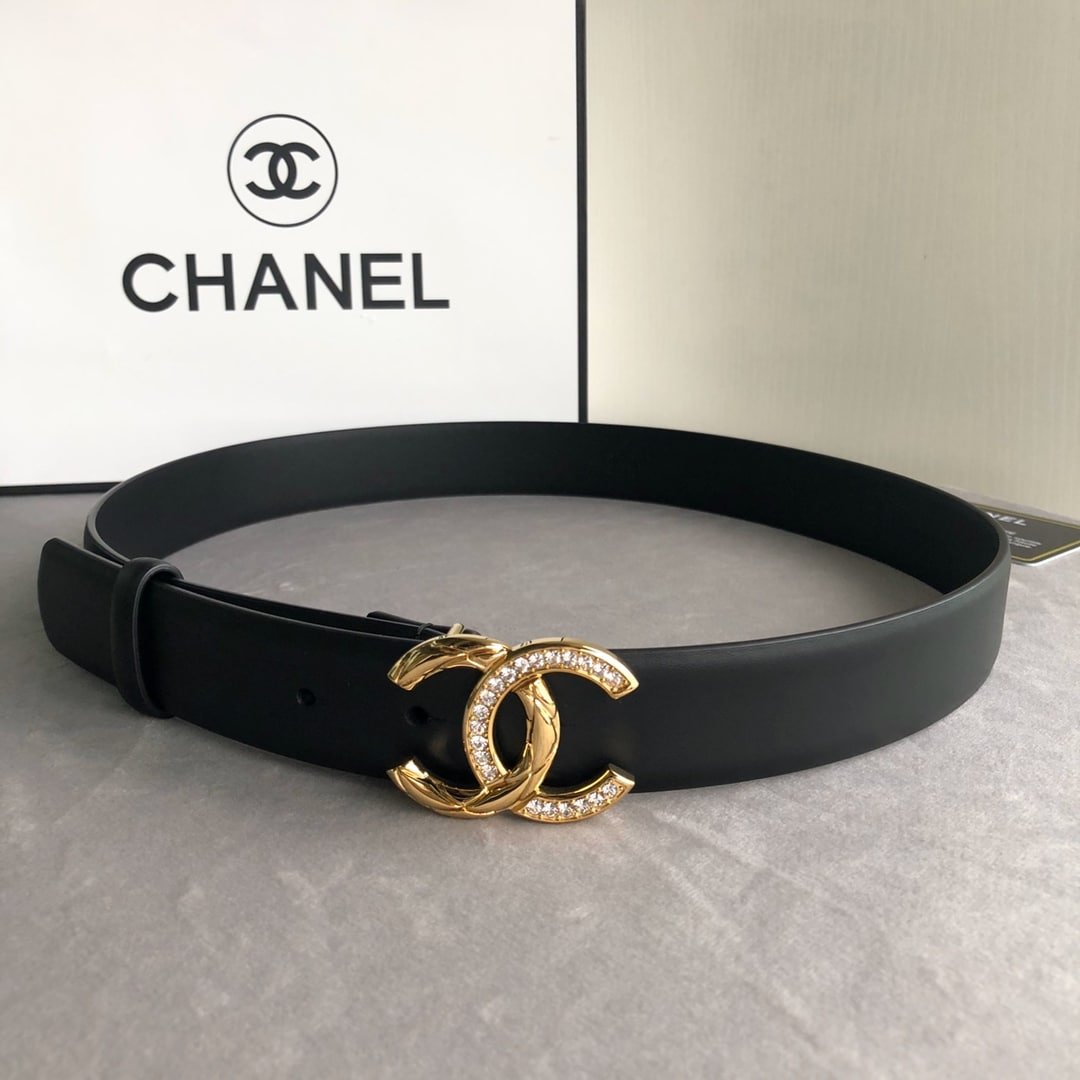 Ch**el Leather Belt With Cc Pearl And Gold Tone Metal Black 3Cm