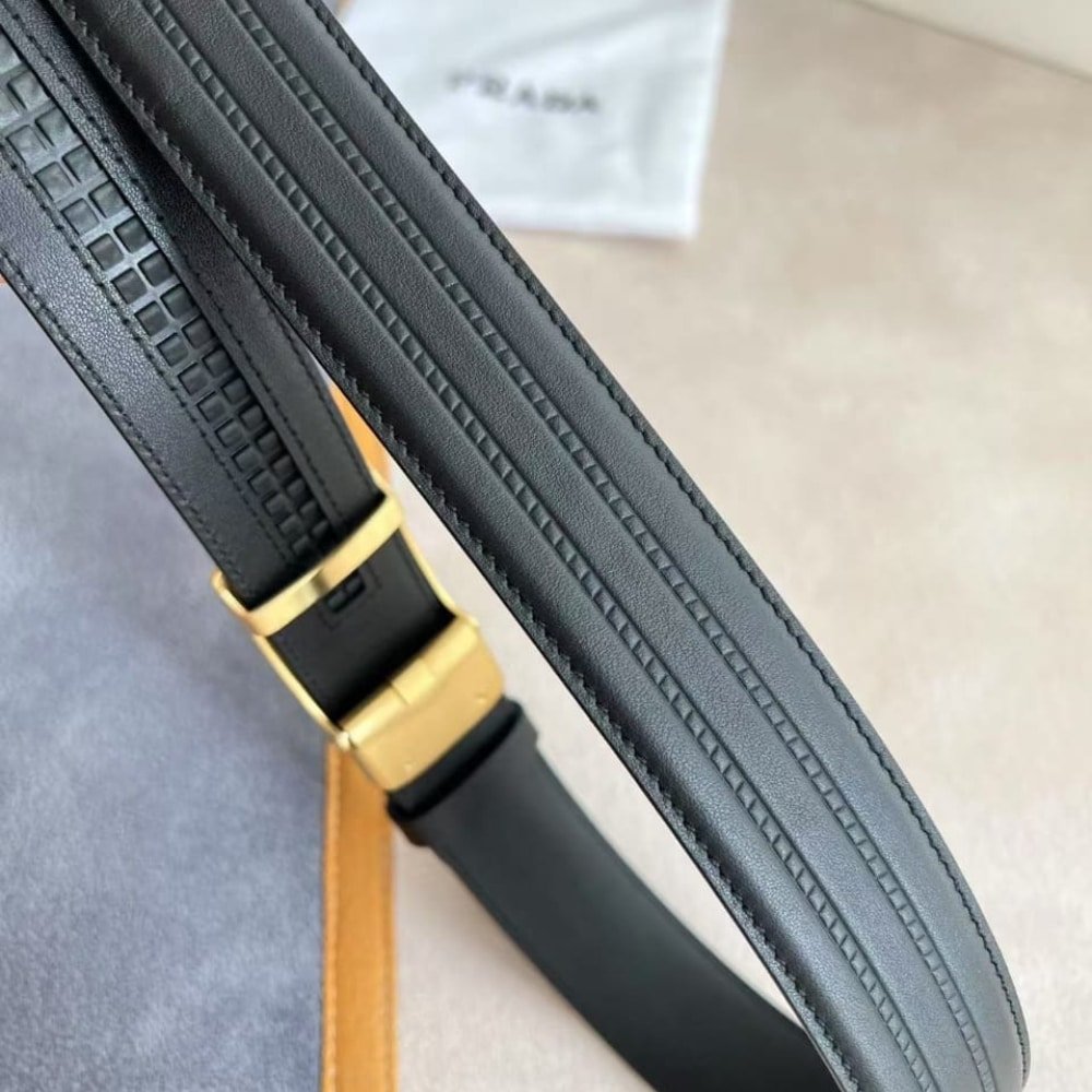 Pra*a Saffiano Leather Belt Gold Hardware In Black