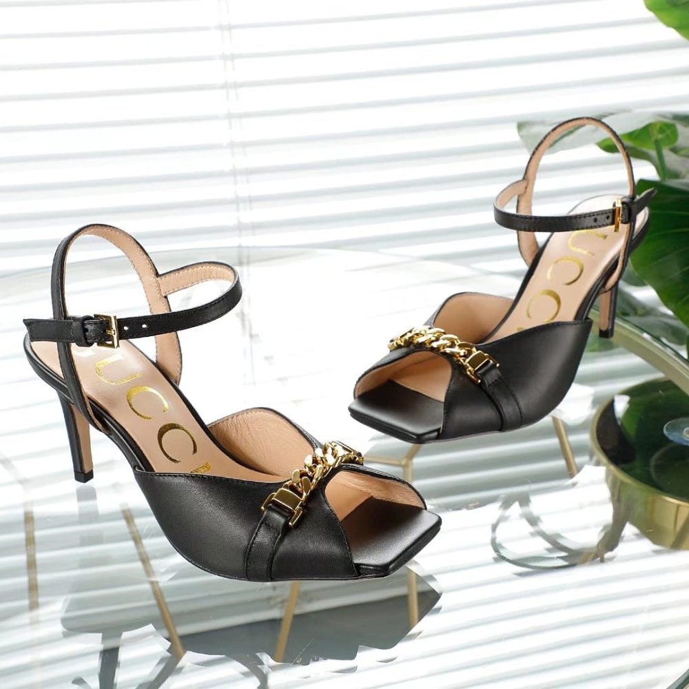Gvc*1 Metal Chain Stiletto Heels Flip Flop Fish Mouth Sandals Black