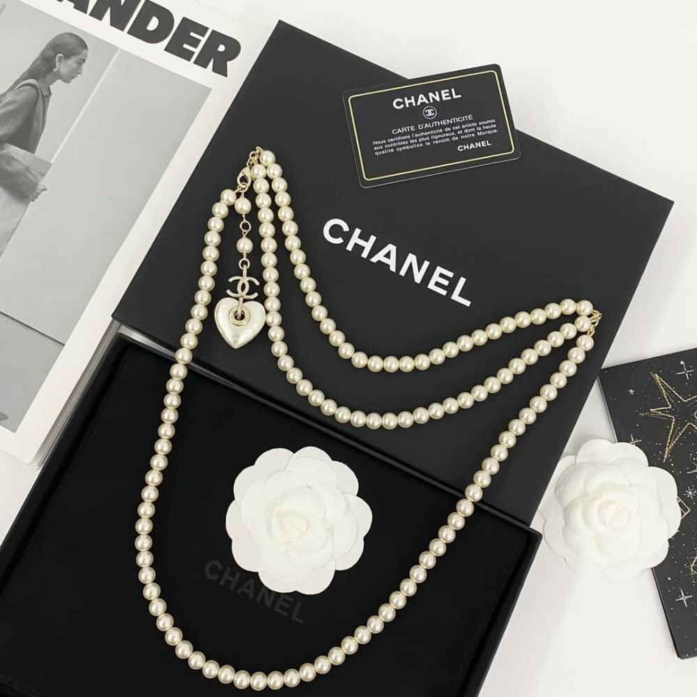 Ch**el Double Strand Pearl Necklace with Heart Shaped Charm