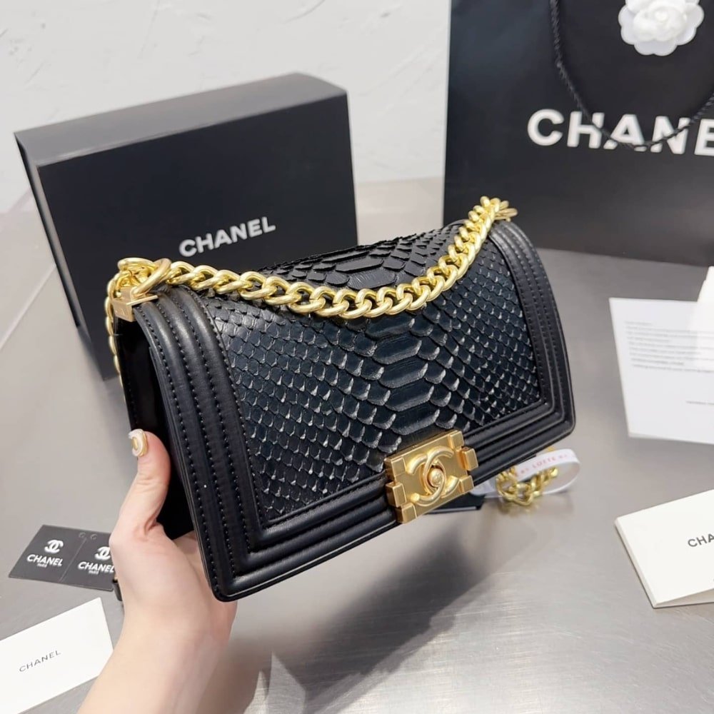 Ch**el Boy Flap Bag Snake Leather Black 25Cm