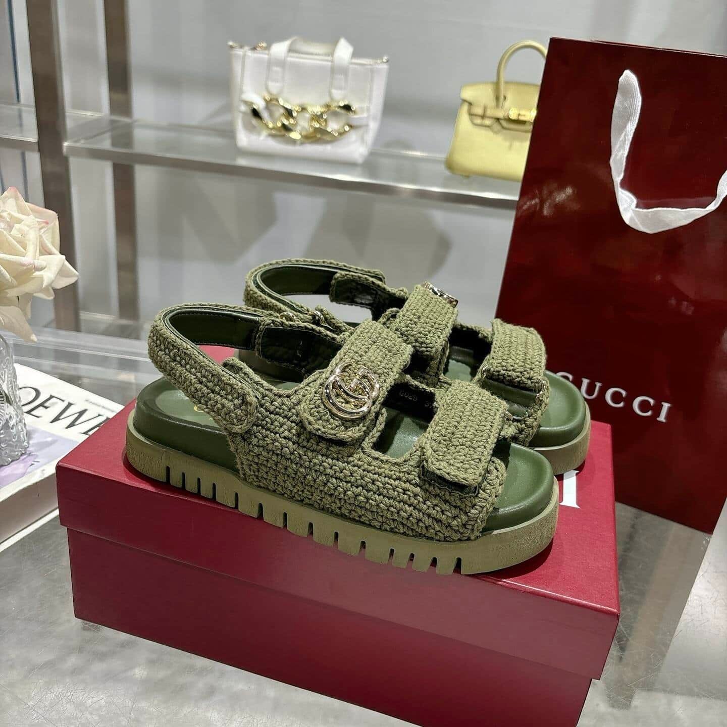 Gvc*1 Women Sandal With Double G Dark Green Crochet ‎835086 Faeq2 3037