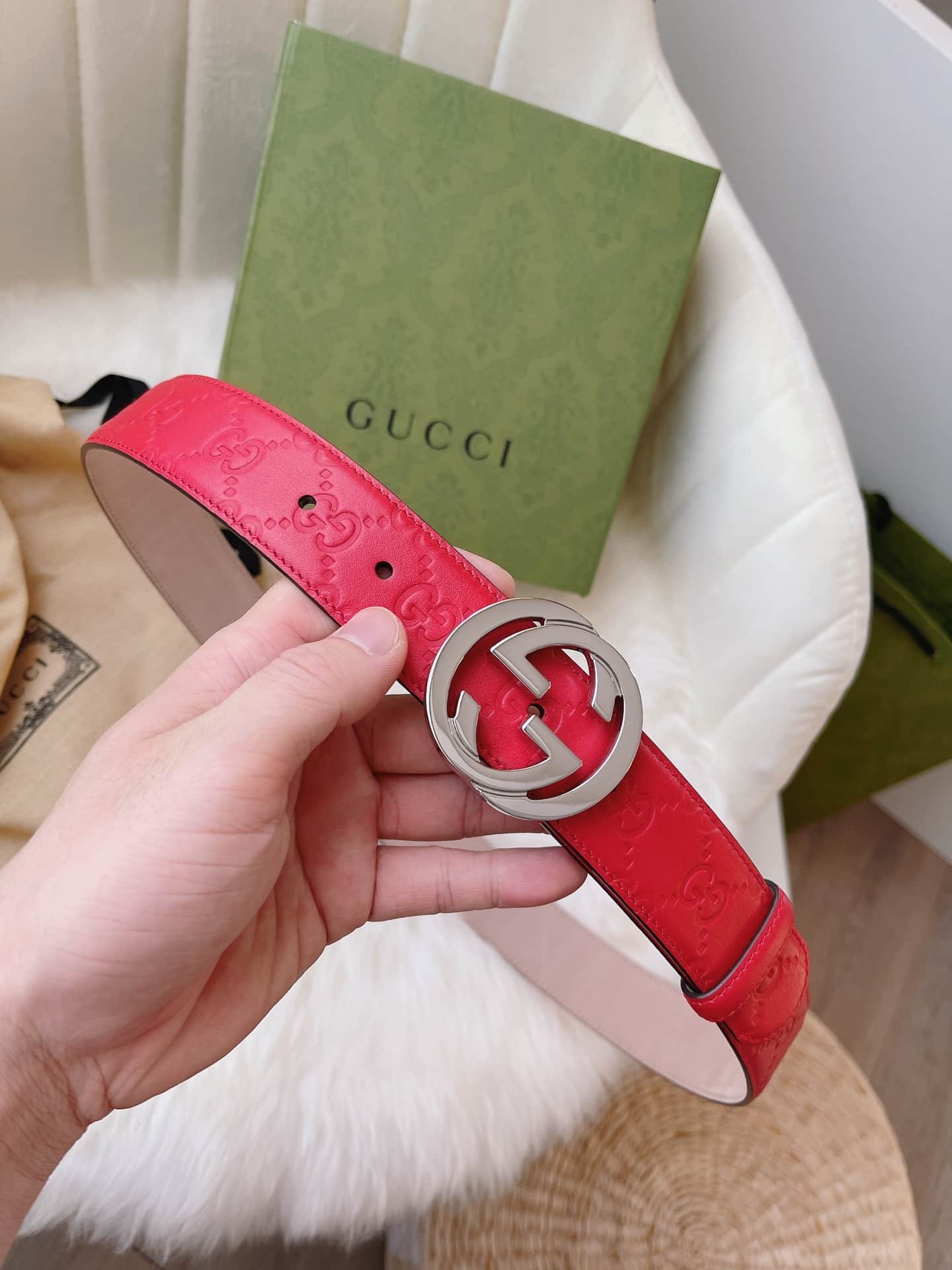 Gvc*1 Calfskin Monogram Red Belt Silver Metal 3.5Cm