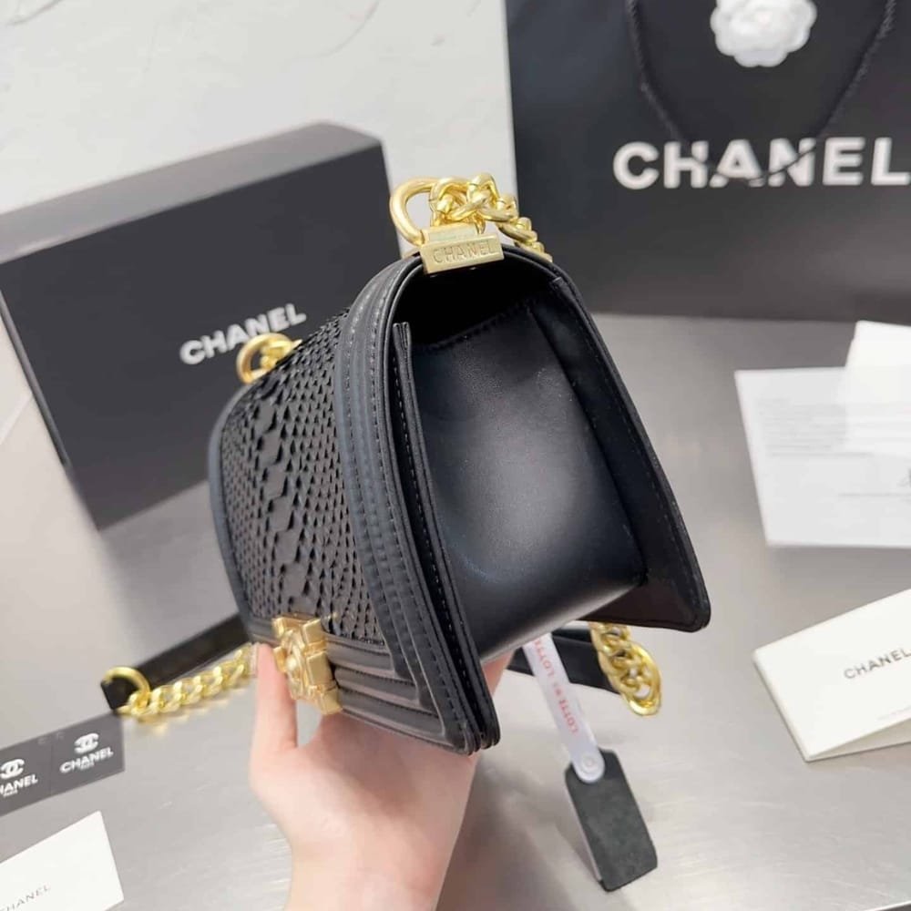 Ch**el Boy Flap Bag Snake Leather Black 25Cm