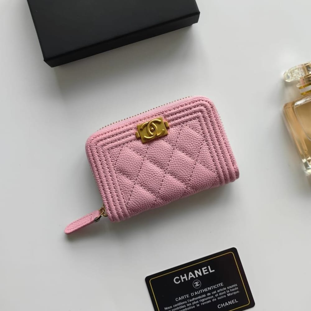 Ch**el Boy Flap Card Holder Wallet Gold Pink 11Cm A80603 B10211 Nm370
