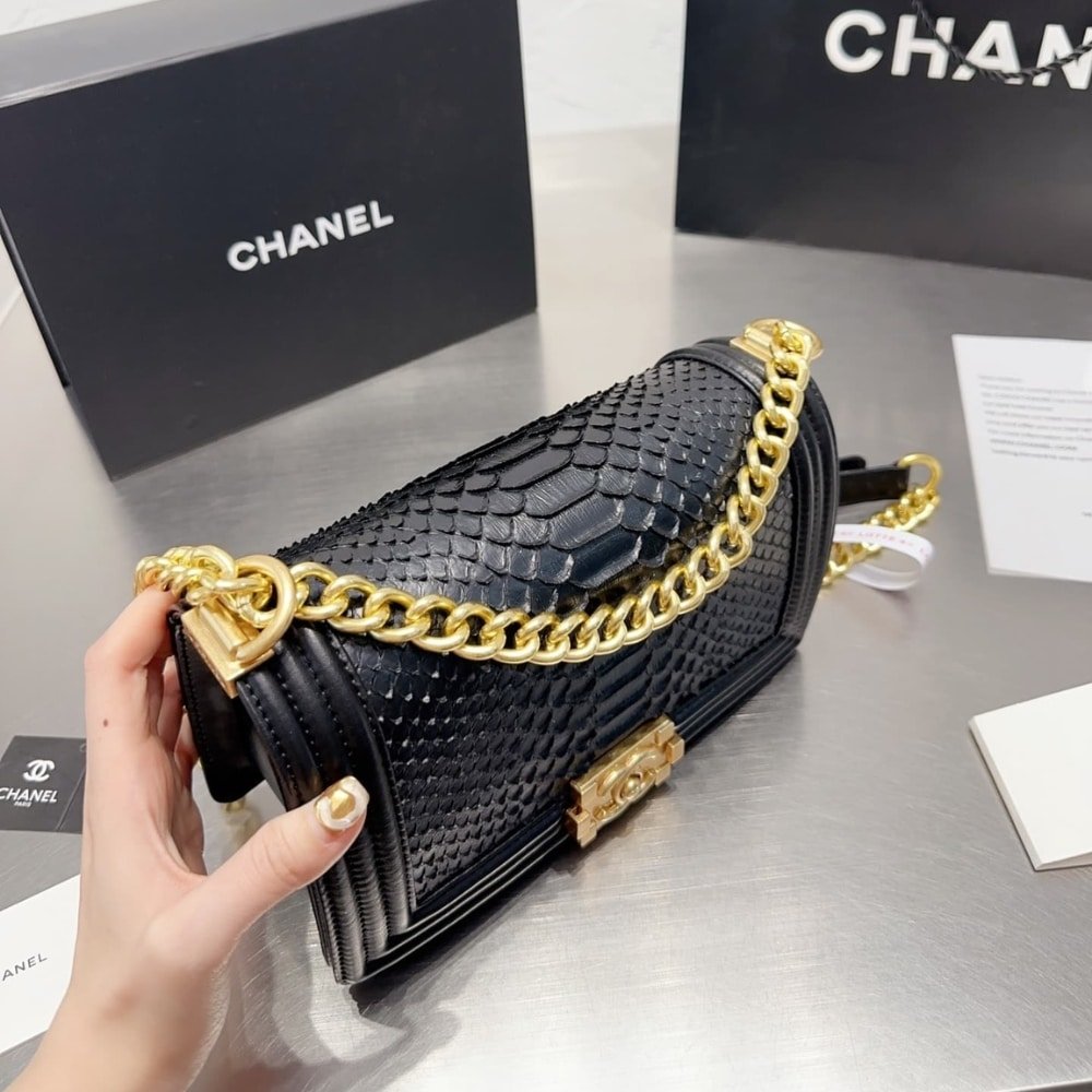 Ch**el Boy Flap Bag Snake Leather Black 25Cm
