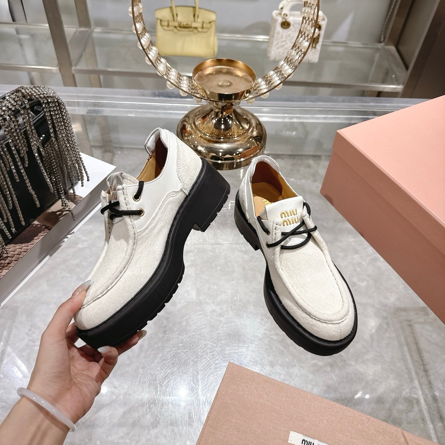 M1um1u  Leather And Calf Hair Leather Laced Shoes Ivory 5E964D 2Hio F0304 F D055