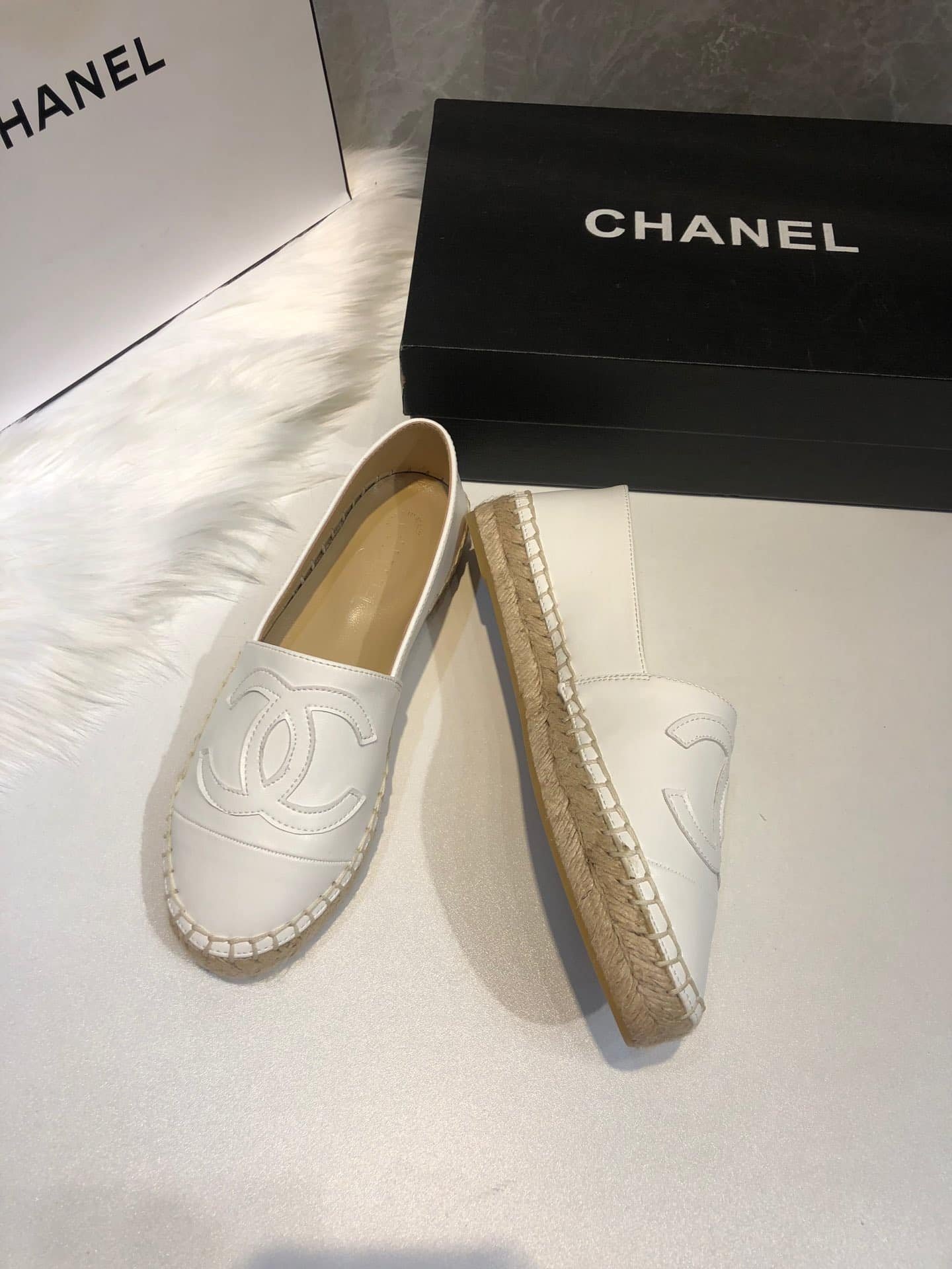 Ch**el Embroidered Espadrille Leather Cap Toe Flats White