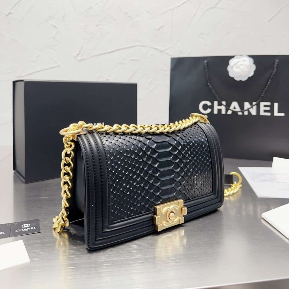 Ch**el Boy Flap Bag Snake Leather Black 25Cm