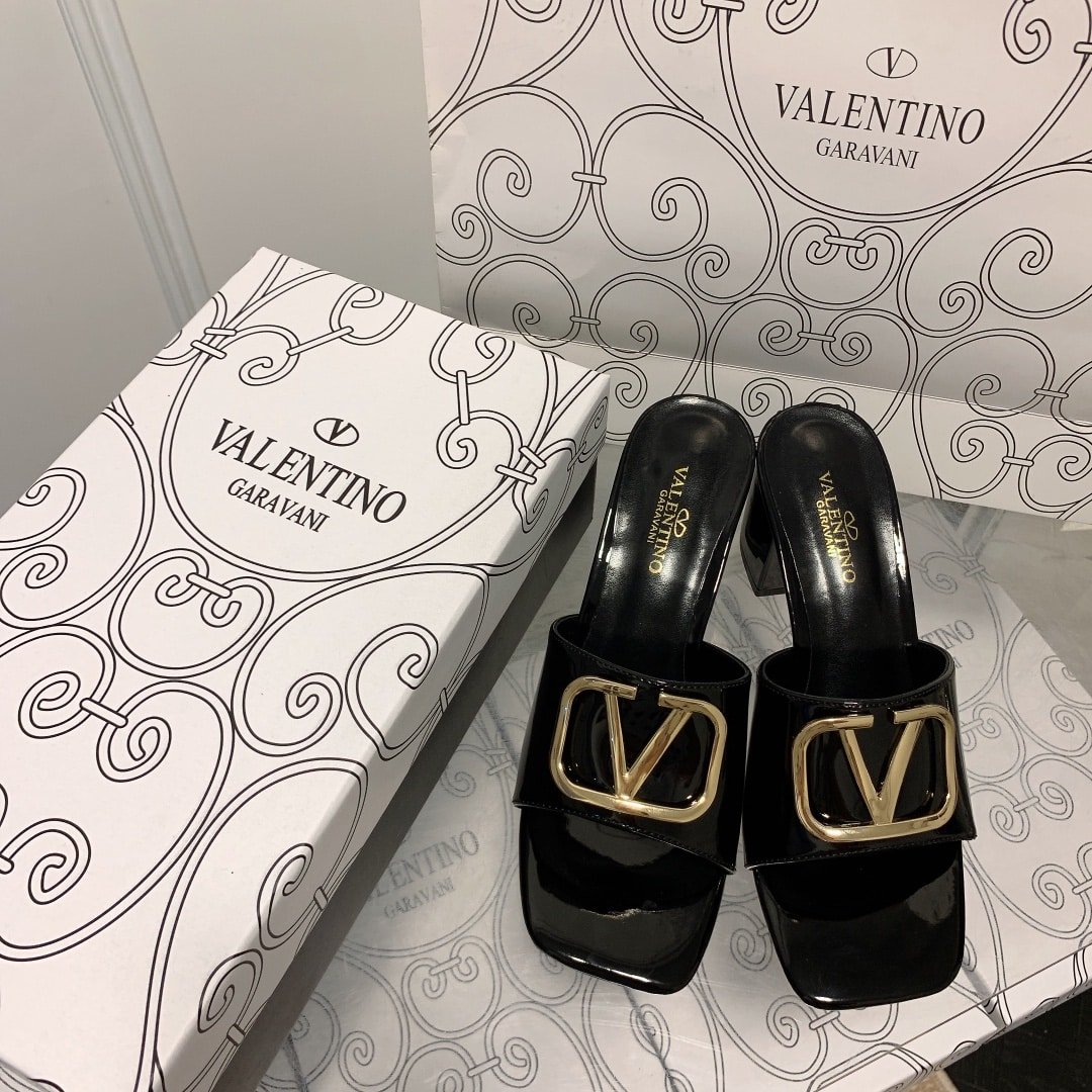 Va1e*ntin0 Vlogo Signature Square Toe Middle Heel Black Slide Sandal