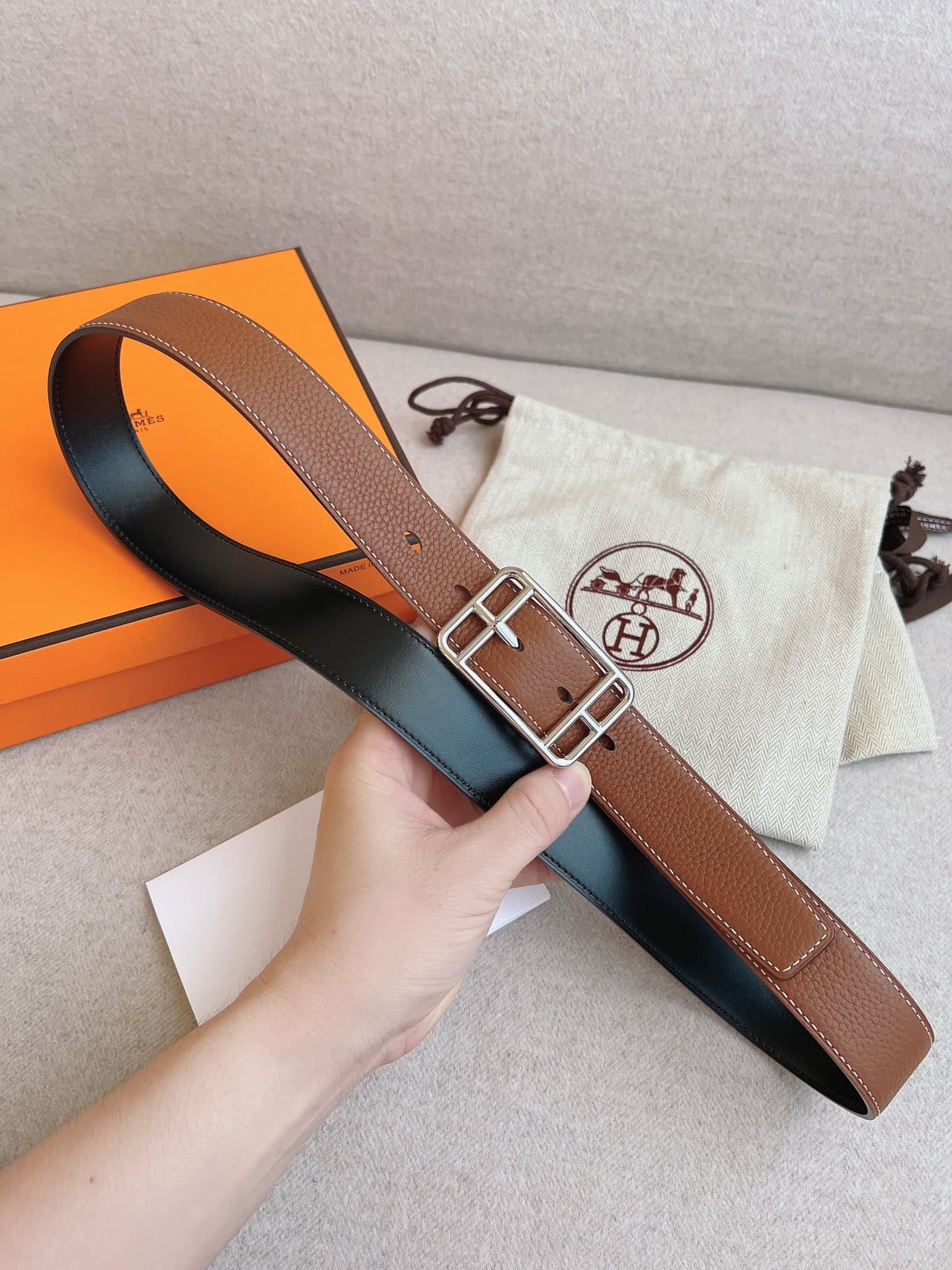 H**me5 Quentin Reversible Belt Brown Rectangle Buckle 32Mm