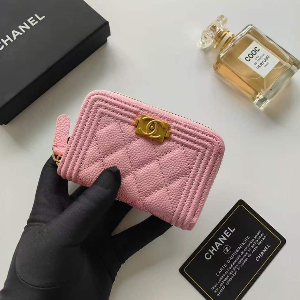 Ch**el Boy Flap Card Holder Wallet Gold Pink 11Cm A80603 B10211 Nm370