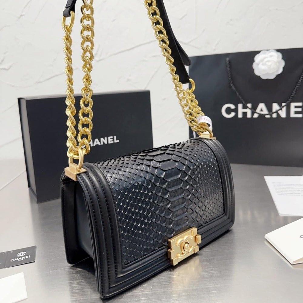 Ch**el Boy Flap Bag Snake Leather Black 25Cm