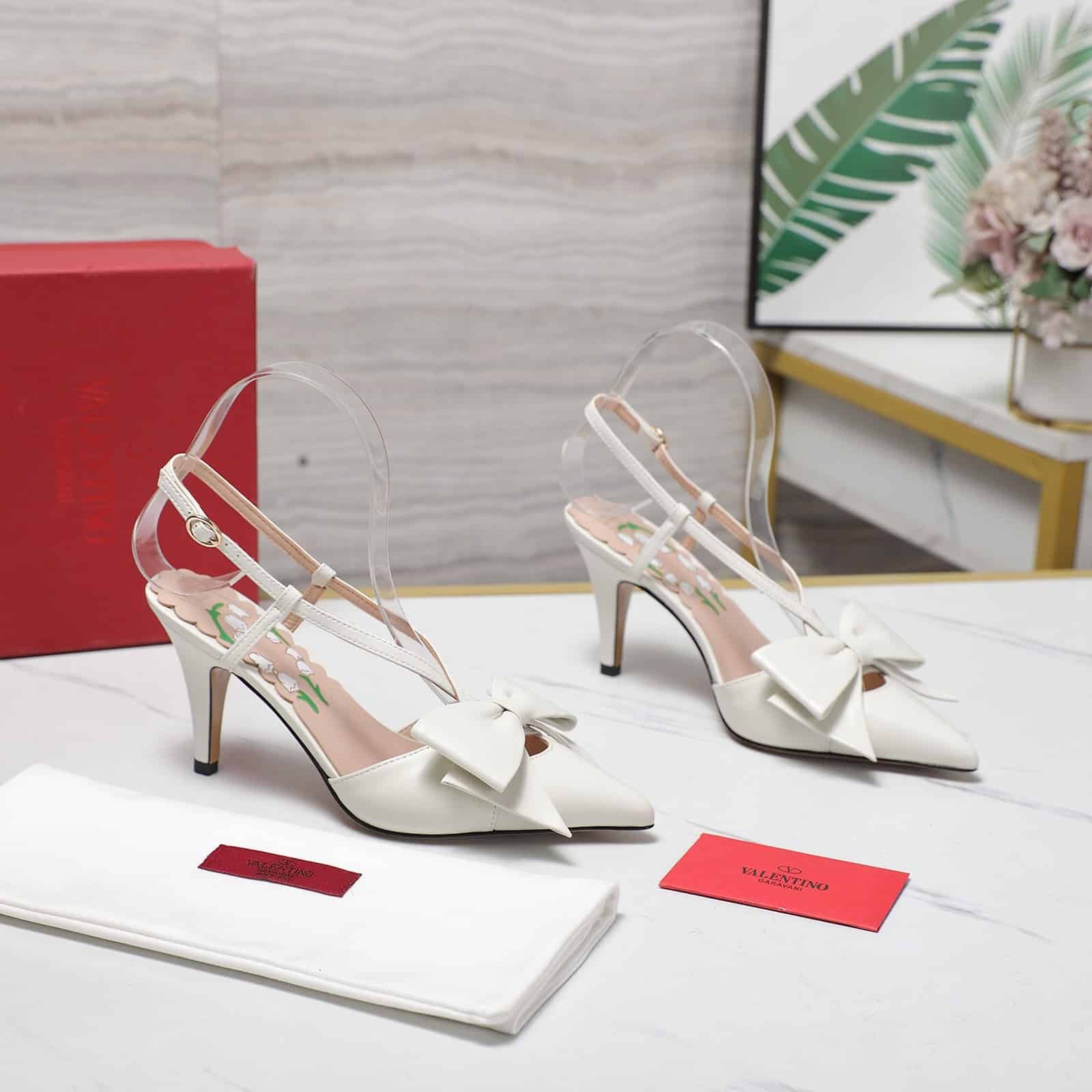 Va1e*ntin0 Bowow Slingback Pumps White 7W2S0Mx5Ddt 098